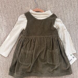 Olive Corduroy Pinafore Set with Cream Long-Sleeve Top - Kids Matching Set
